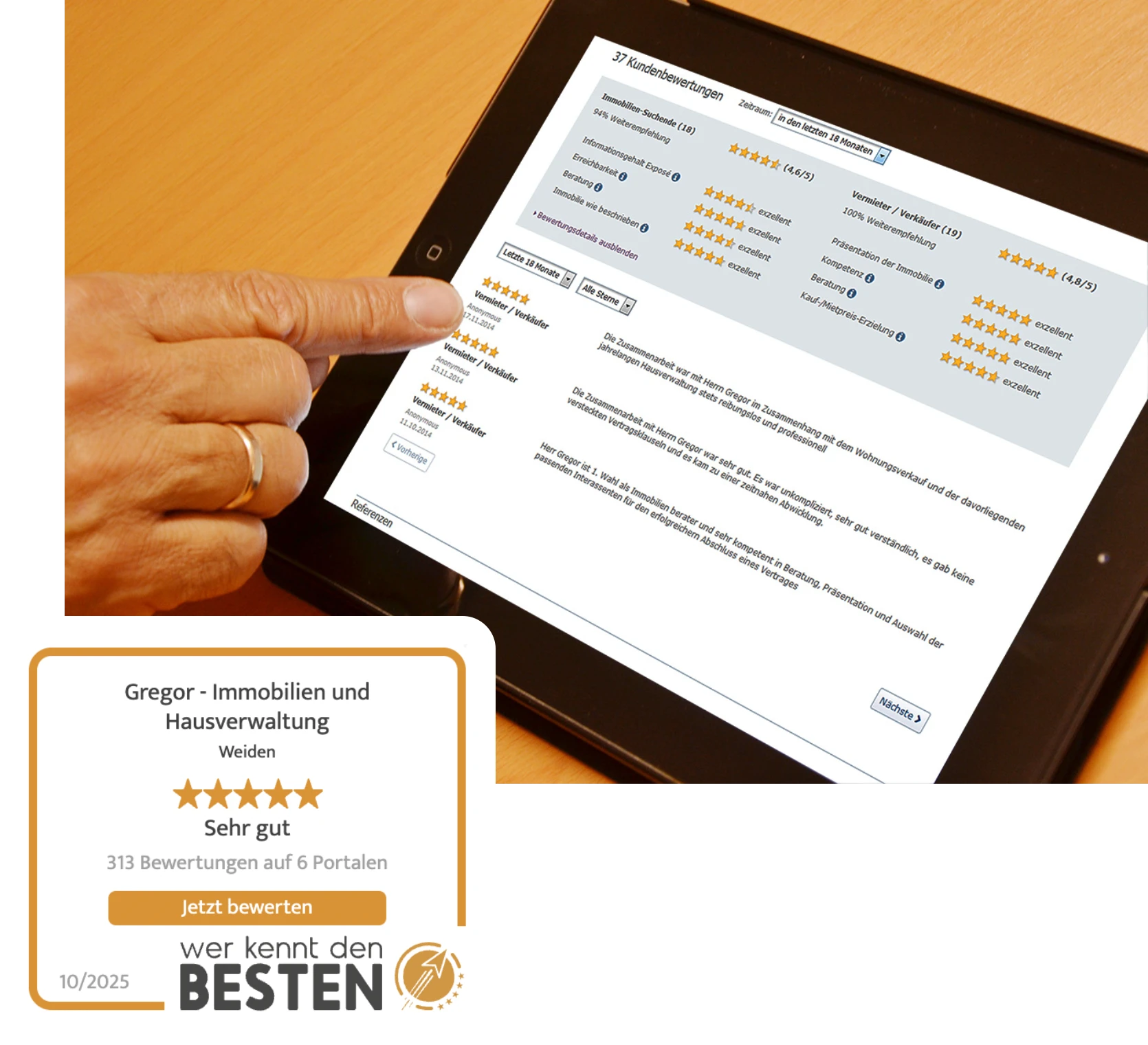 Kundenbewertungen auf Tablet und Auszeichnung Sehr gut bei Wer kennt den Besten