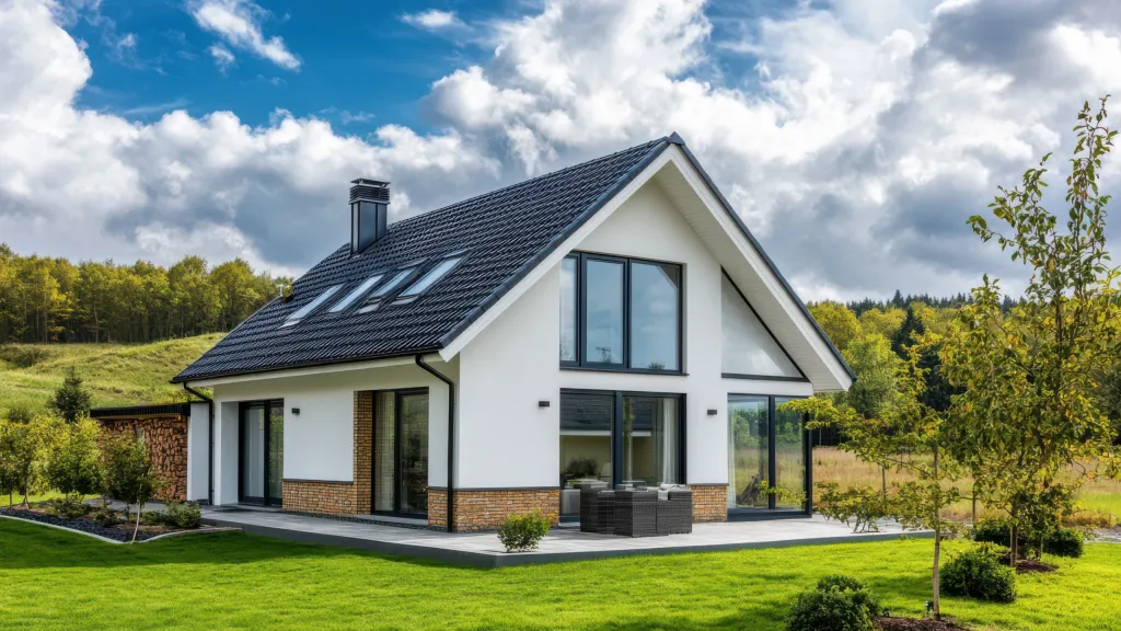 Modernes Einfamilienhaus mit dunklem Dach und großen Fenstern in grüner Umgebung