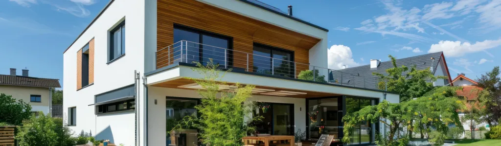 Modernes Wohnhaus mit Holzfassade, Balkon und Terrasse im Grünen