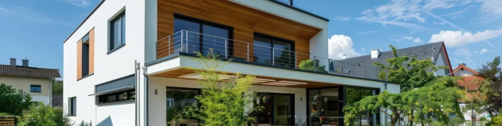 Modernes Wohnhaus mit Holzfassade, Balkon und Photovoltaikanlage auf dem Dach